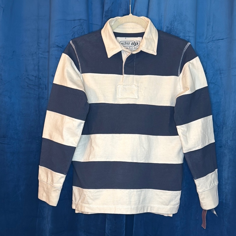 NWT Vintage Urban Pipeline UP White and Blue Button Striped Rugby Shirt Boys L